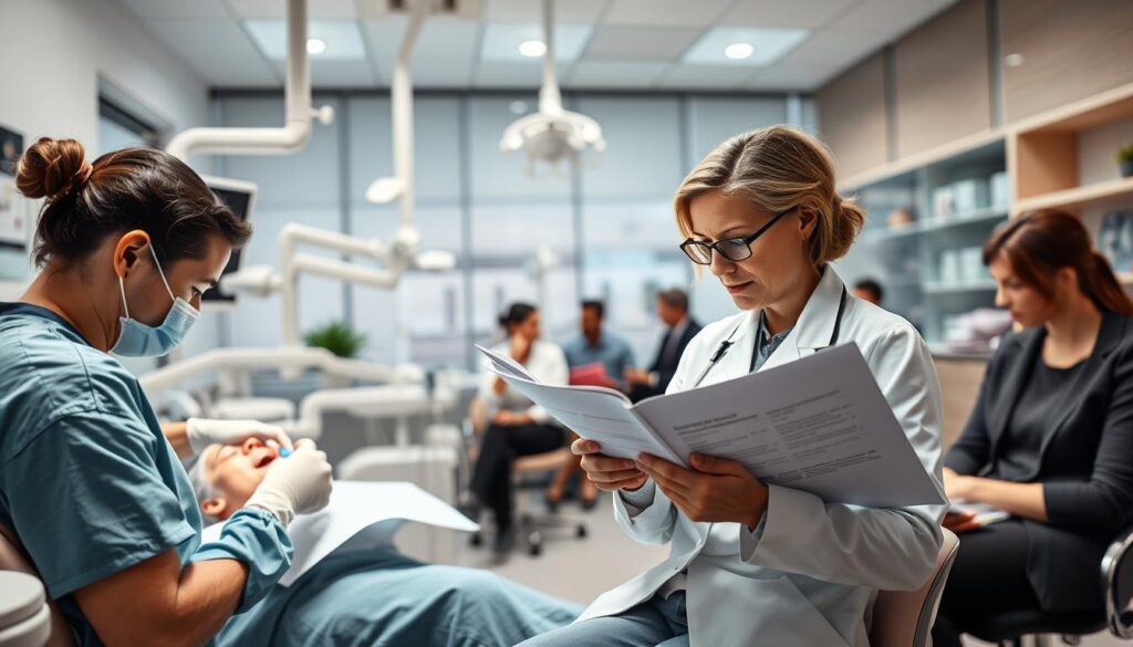 A modern dental office, filled with state-of-the-art equipment and bustling with activity. In the foreground, a dentist is deep in concentration, examining a patient's teeth, while a nurse assists with the procedure. In the middle ground, the office manager is reviewing financial reports, brow furrowed in thought, as they tackle the challenges of clinic operations and profitability. The background showcases the reception area, where patients wait patiently, surrounded by soothing dental decor and calming lighting. The scene captures the unique blend of clinical expertise, business acumen, and patient-centered care that characterize the dynamic field of dental practice management.