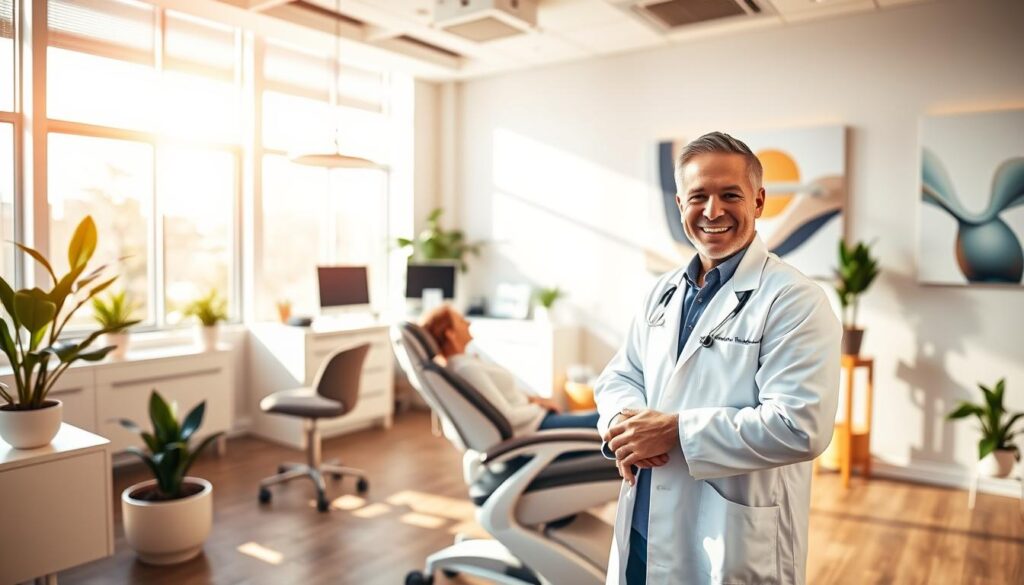 A modern dental office interior, bathed in warm natural lighting streaming through large windows. In the foreground, a friendly dentist in a white coat smiles warmly, speaking with a patient sitting comfortably in an ergonomic exam chair. Tasteful plants and minimalist decor create a calming, professional atmosphere. The middle ground features a reception area with a sleek, minimalist desk and computer system, as well as a display showcasing dental services and patient testimonials. In the background, the office is adorned with soothing, abstract wall art in a soft color palette. The overall scene conveys a sense of trust, care, and a commitment to patient satisfaction.