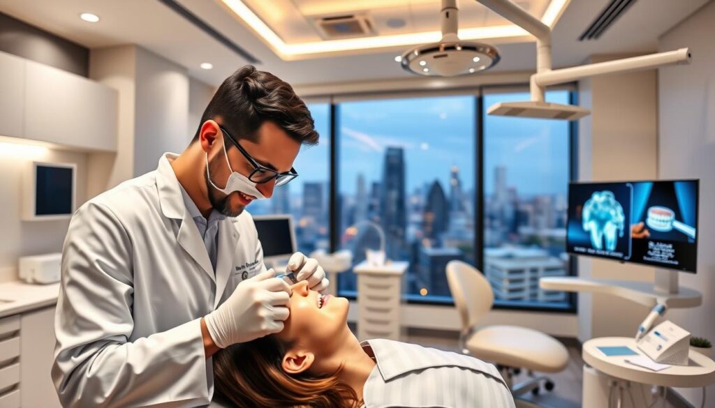 A modern dental office interior with clean lines, sleek fixtures, and a warm, inviting atmosphere. In the foreground, a dentist in a crisp white lab coat examines a patient's teeth using advanced diagnostic tools. In the middle ground, displays showcase cutting-edge dental treatments and technologies, highlighting the practice's expertise and commitment to innovation. The background features large windows overlooking a thriving city skyline, suggesting the dental office's prestigious location and reputation within the community. The lighting is soft and natural, creating a sense of professionalism and care. The overall scene conveys the practice's dedication to providing exceptional, differentiated dental services.