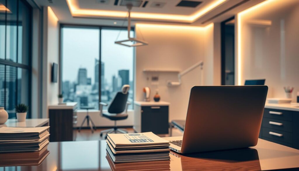 A modern dental office interior with warm lighting and sleek, minimalist design. In the foreground, a desk with a laptop and stacks of patient files, symbolizing ethical dental practices and regulations. The middle ground features a display of dental instruments, implying the importance of medical standards. In the background, a large window overlooking a cityscape, suggesting the integration of digital marketing strategies within the legal and professional framework of the dental industry. The overall atmosphere conveys a sense of professionalism, transparency, and adherence to industry guidelines.