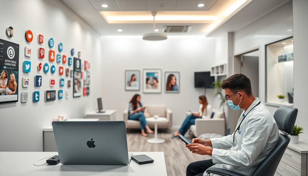 A modern dental office, its walls adorned with vibrant social media icons and imagery. In the foreground, a doctor's desk with a laptop, smartphone, and carefully curated social content. The middle ground showcases a cozy waiting area, patients engaged with their devices, sharing their dental experiences online. The background features a sleek, minimalist décor, creating a welcoming atmosphere that encourages digital connection. Soft, diffused lighting illuminates the scene, highlighting the harmonious integration of technology and healthcare. This image conveys the importance of leveraging social media platforms to attract and engage patients, fostering a digital-savvy dental practice.