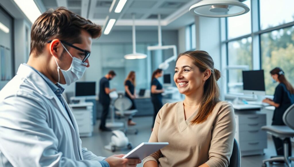 A modern dental office with a focus on efficient management practices. In the foreground, a dentist and a patient discussing treatment options, their expressions conveying a sense of collaboration and trust. In the middle ground, a team of dental assistants efficiently handling administrative tasks and coordinating patient flow. The background showcases a sleek, well-organized workspace with state-of-the-art equipment, clean lines, and a calming color palette. Overhead lighting casts a warm, professional glow, while large windows allow natural light to flood the space, creating a serene and welcoming atmosphere. The overall scene conveys a harmonious blend of medical expertise, administrative efficiency, and patient-centered care.