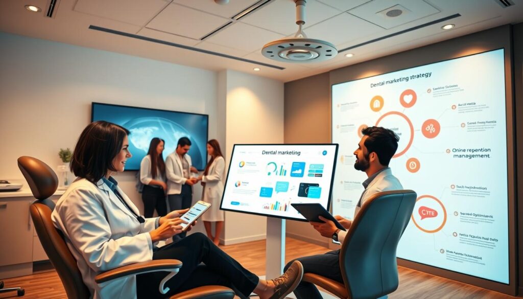 A modern dental office with a sleek, minimalist interior design. In the foreground, a dentist in a white lab coat consults with a patient on a comfortable chair, explaining various dental marketing strategies displayed on a digital tablet. The middle ground features a team of dental professionals collaborating on a marketing campaign, using a large touchscreen display. The background showcases a stylized infographic on the wall, highlighting the key digital marketing channels for dentists, such as social media, search engine optimization, and online reputation management. Warm, directional lighting illuminates the scene, creating a professional and inviting atmosphere.