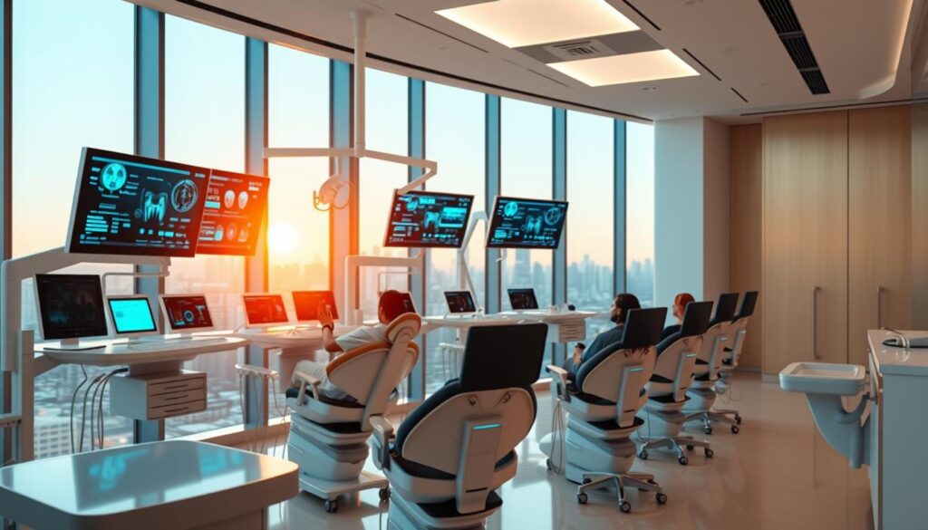 A modern dental office with a sleek, minimalist interior design. The foreground features a row of high-tech dental chairs with patients receiving treatments, their faces obscured. The middle ground showcases a series of digital screens and control panels, displaying real-time data and patient information. In the background, a large window provides a view of the city skyline, bathed in warm, natural lighting. The overall atmosphere conveys a sense of efficiency, innovation, and patient-centered care, reflecting the concept of "Automação em Odontologia" or dental automation.