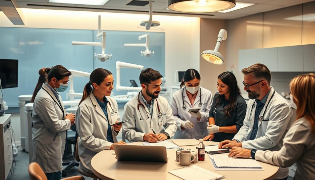 A modern dental office with a team of medical professionals collaborating. In the foreground, dentists and dental assistants discuss treatment plans and patient records at a lively roundtable meeting, their expressions focused and engaged. Soft, diffused lighting from overhead casts a warm glow, creating a professional yet approachable atmosphere. In the middle ground, dental hygienists clean patients' teeth, their movements precise and caring. The background features state-of-the-art dental equipment and technology, conveying a sense of expertise and clinical excellence. The overall scene showcases effective team dynamics, strong leadership, and a commitment to high-quality patient care in a dental practice setting.