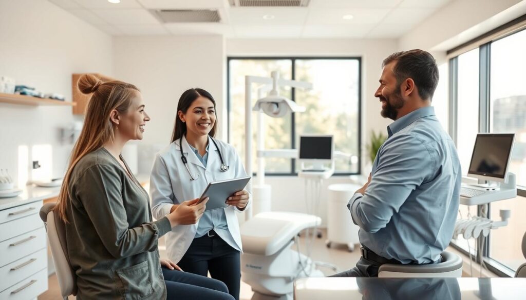 A modern dental office with a warm, inviting atmosphere. In the foreground, a dentist discusses treatment options with a patient, explaining the cost breakdown using a digital tablet. The middle ground features various dental equipment and tools, arranged neatly on clean, stainless steel surfaces. In the background, a large window allows natural light to flow in, illuminating the space and creating a soothing, calming ambiance. The overall scene conveys a sense of professionalism, transparency, and a focus on providing high-quality, strategic dental services.