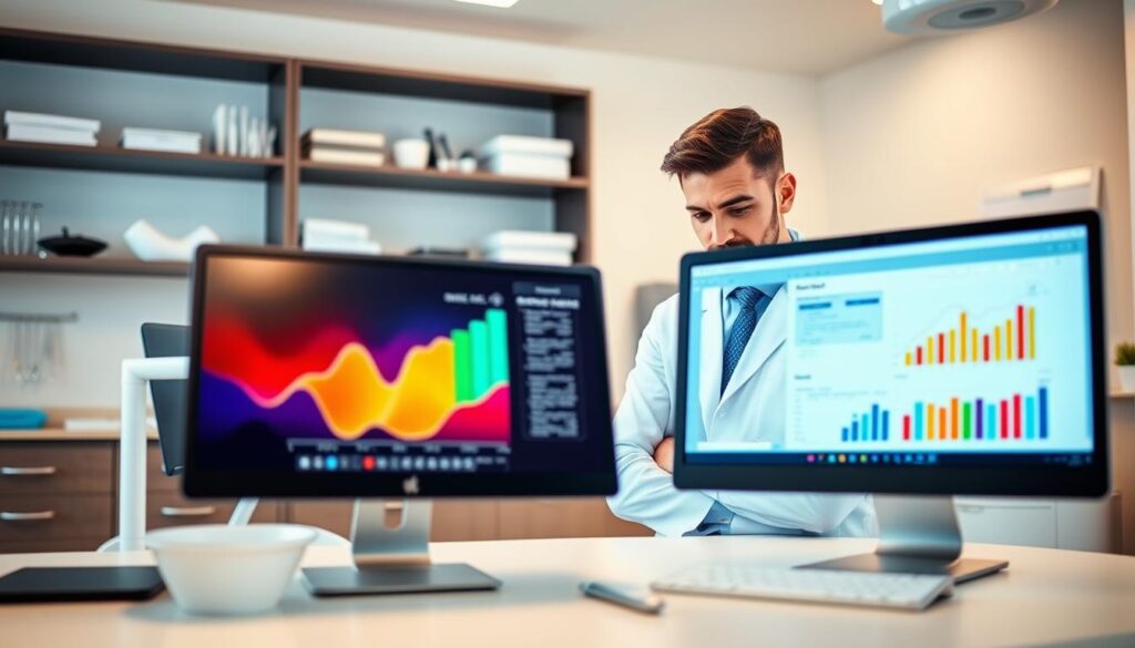 A modern dental office with a warm, inviting atmosphere. In the foreground, a desktop computer displays colorful charts and graphs, representing the optimization of a dental website for search engines. The middle ground showcases a professional dentist, dressed in a lab coat, intently studying the screen, their expression focused on improving the online visibility of the practice. In the background, shelves filled with dental tools and equipment create a sense of expertise and professionalism. Soft, diffused lighting gently illuminates the scene, creating a calming and productive environment.