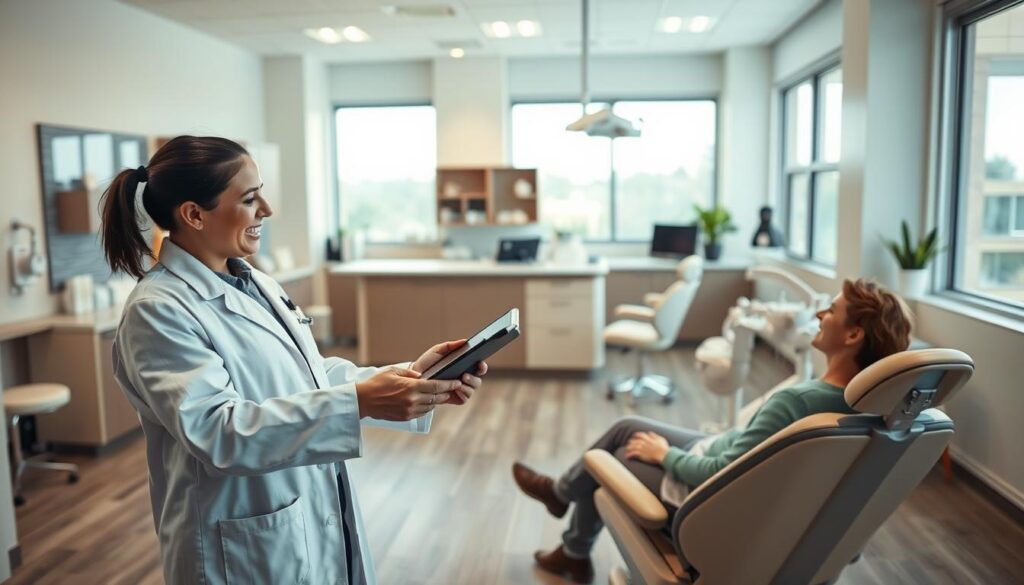 A modern dental office with a warm, welcoming atmosphere. In the foreground, a cheerful dentist in a white coat gestures towards a tablet, explaining various cost-saving techniques to a patient sitting comfortably in a reclining chair. The middle ground features a reception desk with a friendly receptionist, and the background showcases a clean, well-organized work area with state-of-the-art dental equipment. Soft, natural lighting from large windows creates a calming, professional ambiance, conveying the idea of accessible, high-quality dental management services without significant financial investment.