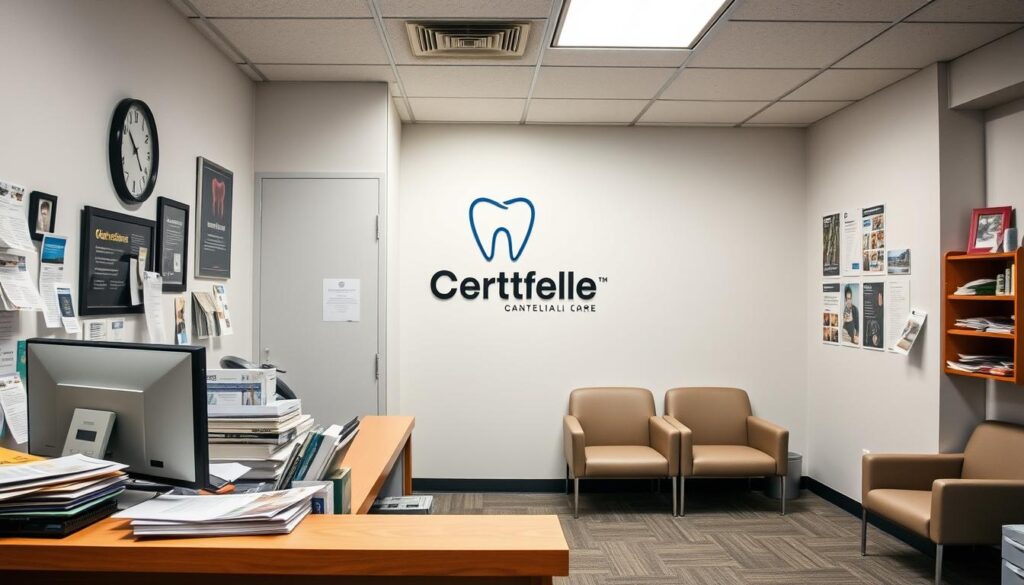 A modern dental office with common marketing mistakes displayed prominently. In the foreground, a cluttered reception desk with outdated brochures, mismatched decor, and a dated computer monitor. In the middle ground, a poorly designed logo and signage on the walls, conveying an unprofessional image. The background features a bland, uninviting waiting area with uncomfortable chairs and outdated magazines. The lighting is harsh, creating unflattering shadows. The overall atmosphere is one of a neglected, unprofessional practice, lacking a cohesive brand identity and clear marketing strategy.