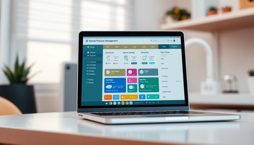A modern dental practice management software system displayed on a laptop screen, showcasing its intuitive user interface and comprehensive features. The software's dashboard is visible, with colorful icons and clearly organized sections for patient records, appointment scheduling, billing, and reporting. The display is illuminated by soft, warm lighting, creating a professional and trustworthy atmosphere. The laptop is positioned on a clean, minimalist desk, hinting at the software's ability to streamline and modernize dental clinic operations. The overall scene conveys the power of digital tools to transform the efficiency and organization of a dental practice.