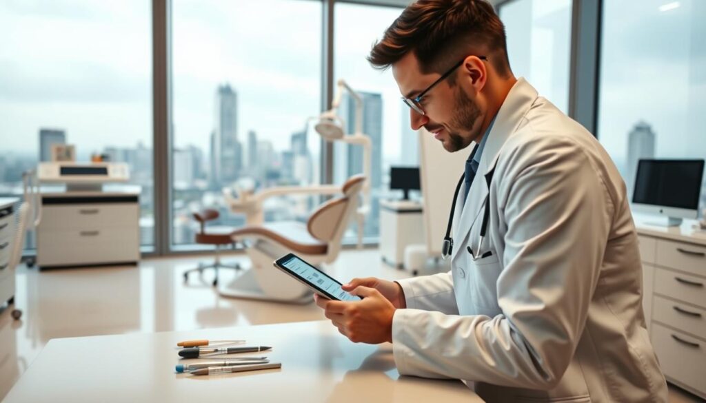 A modern digital dentist office with a doctor using a tablet to remotely access patient records and manage appointments. The office has a sleek, minimalist design with clean lines and neutral colors. The doctor is shown in the foreground, leaning over a desk as they review patient data on the tablet's screen. In the middle ground, various dental equipment and tools are neatly organized, suggesting efficient workflow. The background features large windows overlooking a bustling city skyline, conveying a sense of mobility and connectivity. The lighting is soft and even, creating a calming and professional atmosphere. The overall scene captures the essence of remote dental management, enabling dentists to provide high-quality care from anywhere.