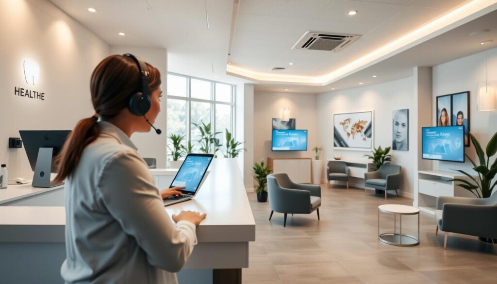 A modern digital healthcare clinic interior with a warm, inviting atmosphere. In the foreground, a receptionist wearing a headset assists a patient at a minimalist workstation, the clinic's branding subtly displayed. The middle ground features a waiting area with comfortable chairs, a large window allowing natural light to flow in, and digital displays showcasing services. The background shows clean, minimalist decor with neutral tones, complemented by strategically placed plants and artworks, creating a calming and professional environment. The lighting is a balanced mix of soft, diffused illumination and strategic task lighting, conveying a sense of efficiency and care. The overall scene exudes a welcoming, tech-savvy ambiance befitting a forward-thinking digital dental clinic.