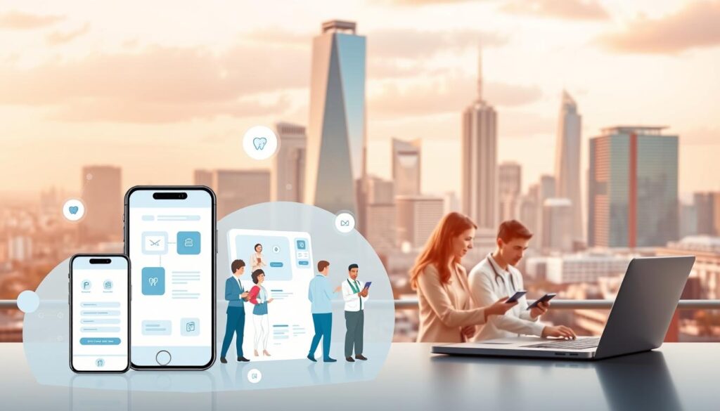 A modern digital marketing campaign for a dental clinic, featuring a sleek and professional design. In the foreground, a stylized illustration of a smartphone, tablet, and laptop showcase various digital marketing channels - social media, website, email, and online advertising. The middle ground depicts a group of diverse patients interacting with the clinic's digital services, such as online appointment booking and virtual consultations. In the background, a vibrant cityscape with skyscrapers and tech-savvy professionals symbolizes the clinic's urban, tech-forward presence. Warm, natural lighting and a minimalist color palette of blues, grays, and whites convey a sense of trust, innovation, and patient-centric care.