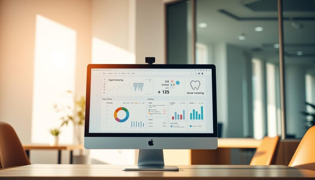 A modern digital marketing strategy for a dental clinic, showcasing a sleek and professional-looking desktop computer displaying analytical data and digital marketing tools on the screen. The clinic's branding and logo are prominently featured on the device. The scene is set in a warm, minimalist office environment with clean, geometric architectural elements and natural lighting, conveying a sense of efficiency, technology, and clinical expertise. The overall tone is one of sophistication, innovation, and a forward-thinking approach to dental practice management.
