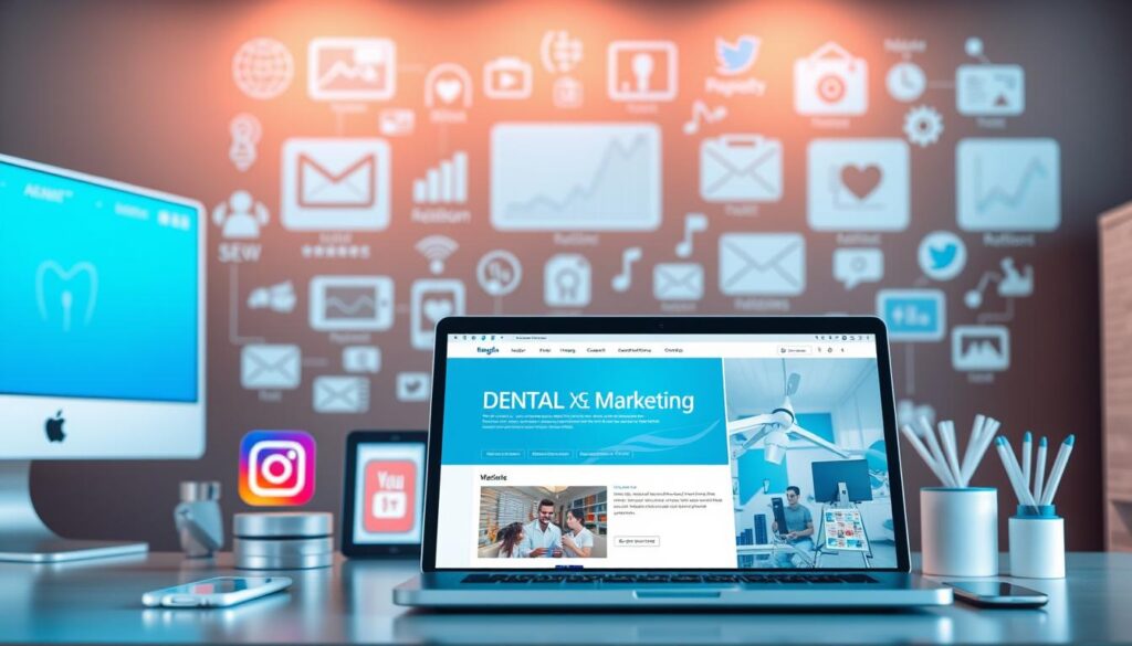 A modern digital marketing strategy for a dental clinic, showcasing a variety of online tools and platforms. In the foreground, a responsive website design with clean typography and intuitive navigation. In the middle ground, social media icons representing the clinic's active presence on platforms like Instagram, Facebook, and Twitter. In the background, a collage of digital marketing elements such as targeted email campaigns, SEO optimization, online reviews, and video content. The scene is illuminated by a soft, warm lighting that conveys a sense of professionalism and trust. The overall composition emphasizes the synergy between digital technologies and the dental healthcare industry, highlighting the value of an effective online presence for modern dental clinics.