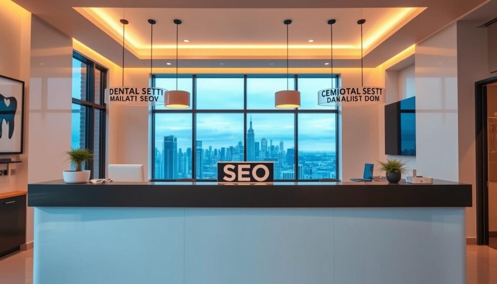A modern, elegant dental clinic interior with a large window showcasing a cityscape in the background. The clinic's branding and SEO-optimized signage are prominently displayed on the front desk, drawing the viewer's attention. Warm, indirect lighting creates a calming atmosphere, while clean, minimalist decor exudes professionalism. The scene conveys the clinic's commitment to digital marketing and online visibility, inviting prospective patients to discover the practice through a strong online presence.