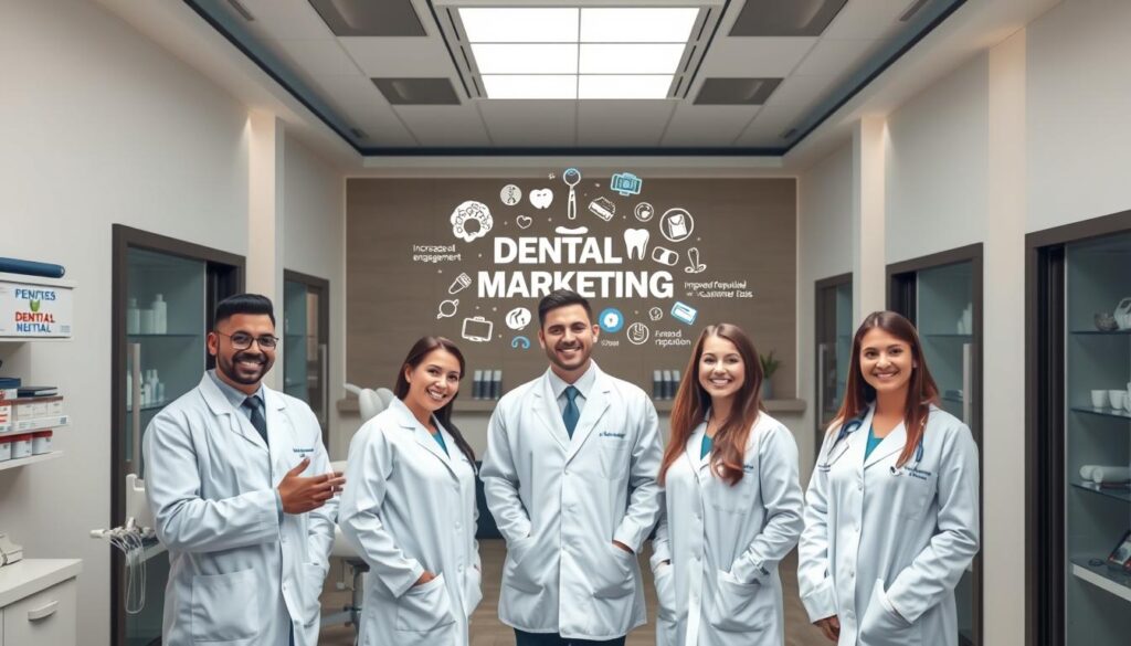 A modern, elegant dental clinic with a warm, welcoming atmosphere. In the foreground, a team of friendly dental professionals stands in crisp white coats, smiling and gesturing towards various dental instruments and tools. In the middle ground, a display showcases the benefits of dental marketing, including increased patient engagement, improved reputation, and expanded customer base. The background features a stylized illustration of various dental icons and symbols, conveying the importance and value of dental marketing. The lighting is soft and natural, creating a calming and professional ambiance. The perspective is slightly elevated, giving the viewer a sense of authority and expertise.