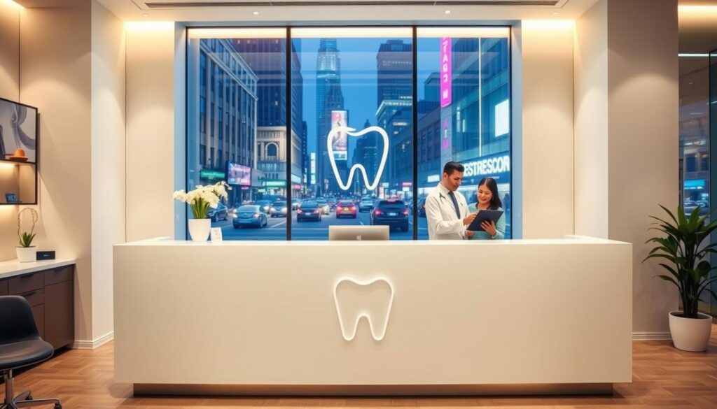 A modern, elegant dental office interior with a large window overlooking a busy urban street. In the foreground, a dentist consults with a patient on a digital tablet, showcasing the practice's advanced technology. The middle ground features a sleek, minimalist reception desk with a large branded logo. The background depicts vibrant city skyline, conveying the idea of a forward-thinking, digitally-savvy dental practice. The lighting is warm and inviting, creating a professional yet approachable atmosphere. The scene is captured through a wide-angle lens to emphasize the spaciousness and high-quality design of the office.