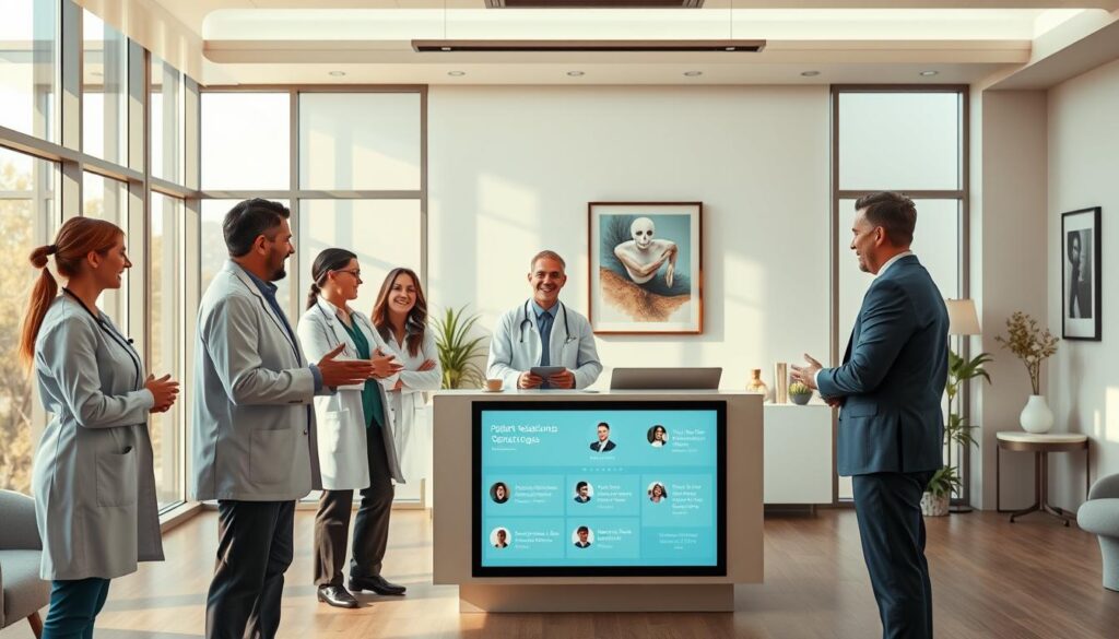 A modern, elegant office interior with floor-to-ceiling windows bathed in warm, natural lighting. In the foreground, a group of friendly medical professionals are engaged in a lively discussion, gesturing animatedly as they collaborate on patient relationship strategies. In the middle ground, a sleek, minimalist reception desk with a digital display showcasing patient testimonials and appointment scheduling options. The background features tasteful decor and artwork, creating a calming, professional atmosphere conducive to building strong doctor-patient bonds. The overall scene conveys a sense of trust, care, and personalized attention - the hallmarks of effective relationship-focused medical marketing.