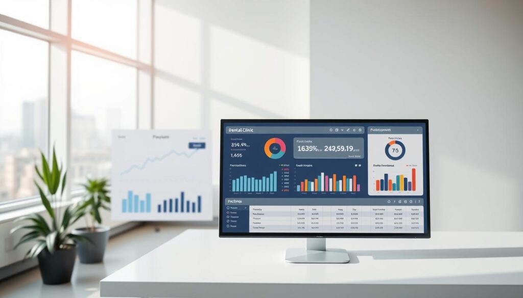 A modern, elegantly-designed finance dashboard for a dental clinic, featuring a clean layout with intuitive data visualizations. In the foreground, a sleek computer monitor displays revenue charts, expense breakdowns, and key performance indicators. The middle ground showcases a neatly-organized spreadsheet interface, with precise financial records and account balances. The background depicts a softly-lit, minimalist office setting, with a large window providing natural illumination and a serene view of the cityscape outside. The overall atmosphere conveys a sense of professional efficiency, data-driven decision making, and financial control tailored to the needs of a thriving dental practice.