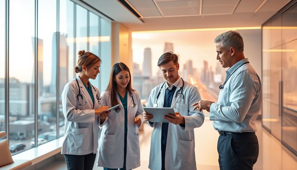 A modern healthcare clinic set against a backdrop of vibrant marketing strategies. In the foreground, a team of medical professionals collaborate on a digital tablet, brainstorming impactful promotional campaigns. The middle ground features a sleek, minimalist clinic interior with clean lines and soothing colors, projecting an aura of professionalism and trustworthiness. In the background, a dynamic cityscape with towering skyscrapers and bustling streets symbolizes the broader healthcare landscape and the need for strategic marketing to stand out. Warm, directional lighting illuminates the scene, creating a sense of energy and forward momentum. The overall mood conveys a balance of clinical expertise and savvy marketing acumen, perfectly suited to showcase essential strategies for successful clinic promotion.