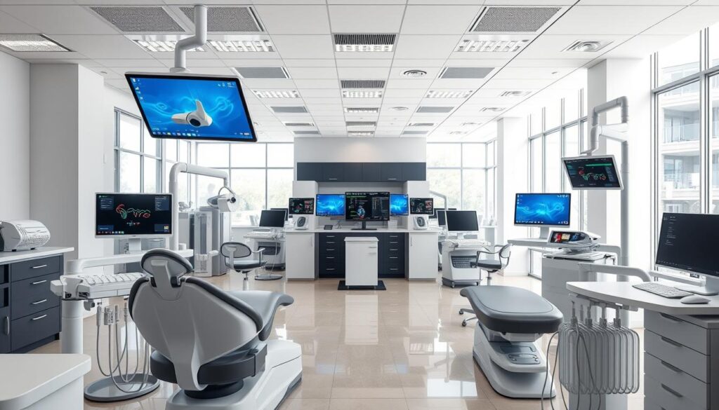 A modern, integrated dental clinic with sleek equipment and intuitive software interfaces. In the foreground, dental chairs equipped with advanced diagnostic tools and patient monitoring systems. In the middle ground, a central hub of networked computers and servers, facilitating seamless data exchange and patient record management. The background showcases an open, bright, and airy workspace with ample natural lighting, creating a soothing and inviting atmosphere for both patients and staff. The overall scene conveys a sense of technological sophistication, efficiency, and patient-centric care within a well-designed, harmonious clinical environment.