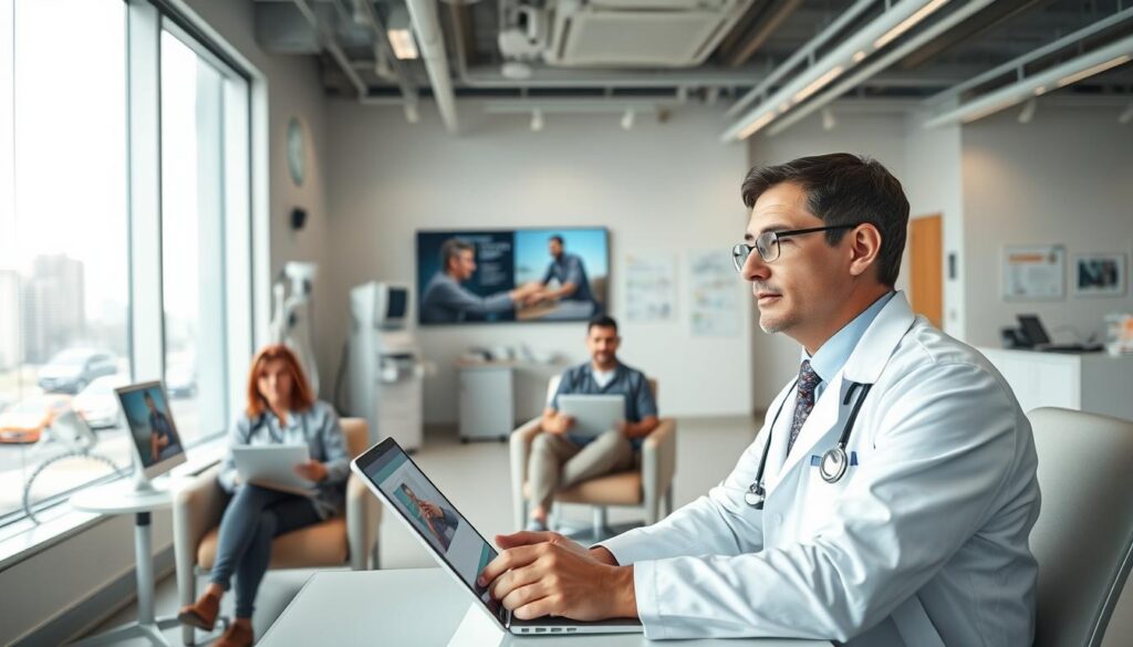 A modern medical clinic interior, bright and airy, with patients engaging in virtual consultations via tablets and laptops. In the foreground, a doctor in a white coat sits at a desk, speaking earnestly into a webcam. The middle ground features patients of diverse ages and backgrounds, comfortably seated in comfortable chairs, immersed in their virtual appointments. The background showcases medical equipment, informative displays, and a large window overlooking a bustling city skyline, conveying a sense of technological integration and progress in the field of telemedicine. The lighting is soft and natural, creating a calming, professional atmosphere.