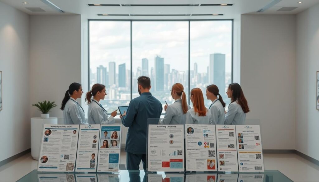 A modern medical clinic set against a sleek, minimalist backdrop. In the foreground, a team of healthcare professionals huddle around a touchscreen display, strategizing marketing campaigns and digital outreach initiatives. The mid-ground showcases an array of informative flyers, brochures, and QR codes, promoting the clinic's services and specialized treatments. In the background, a large window overlooks a bustling city skyline, hinting at the clinic's prominence and urban connectivity. Soft, directional lighting bathes the scene in a professional, yet approachable glow, creating an atmosphere of clinical expertise and community engagement.