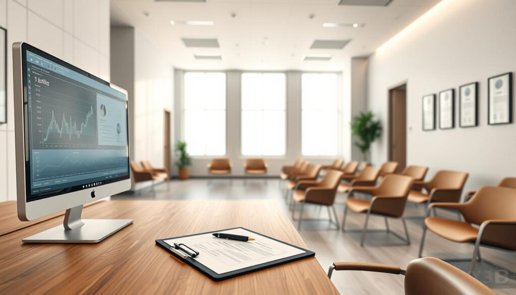 A modern medical clinic with sleek, minimalist design. In the foreground, a sturdy wooden desk with a high-resolution computer monitor displaying analytical software. On the desk, a clipboard with neatly organized patient files and a stylus. The middle ground features rows of comfortable chairs in a warm, neutral palette, creating a welcoming waiting area. In the background, floor-to-ceiling windows allow natural light to flood the space, illuminating the crisp, white walls adorned with framed medical certifications. The overall atmosphere conveys professionalism, efficiency, and a patient-centric approach to clinic management.
