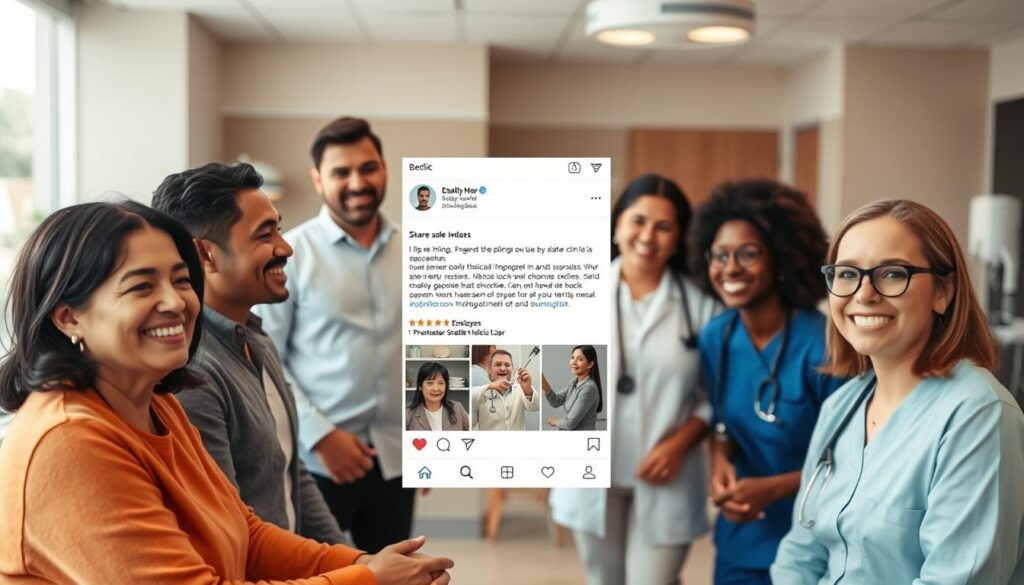 A modern medical clinic's social media presence, showcasing the warm, inviting atmosphere and the friendly, approachable staff. In the foreground, a group of patients and staff engage in a lively discussion, their faces radiating a sense of community and trust. The middle ground features a clean, well-designed social media interface, displaying shareable content about the clinic's services, educational resources, and patient testimonials. The background subtly suggests the clinic's professional and state-of-the-art facilities, with sleek medical equipment and a soothing, neutral color palette. The overall scene conveys a seamless integration of digital and physical spaces, where the clinic's online presence reflects its exceptional in-person care.