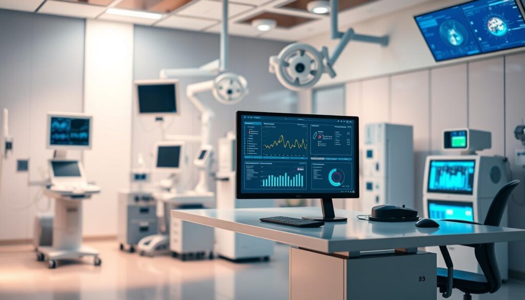 A modern medical office interior with a central computer workstation, surrounded by medical equipment and displays. The workstation features a sleek, minimalist design, with a large monitor displaying patient data and analytics. The lighting is soft and warm, creating a professional and calming atmosphere. In the background, high-tech medical devices and diagnostic tools are visible, reflecting the integration of technology in clinical management. The overall composition conveys a sense of efficiency, organization, and the seamless integration of technology in the clinical setting.