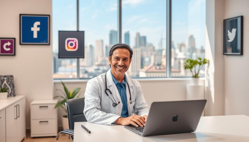 A modern medical office with a warm, welcoming atmosphere. In the foreground, a doctor in a white coat sits at a desk, using a laptop and smiling at the camera. On the walls, framed images depict various social media platforms, such as Facebook, Instagram, and Twitter. In the background, a vibrant city skyline is visible through large windows, symbolizing the interconnectedness of the digital world. The lighting is soft and natural, creating a sense of professionalism and care. The composition is balanced, with the doctor and technology taking center stage, surrounded by the tools of the trade in a inviting, clinical setting.