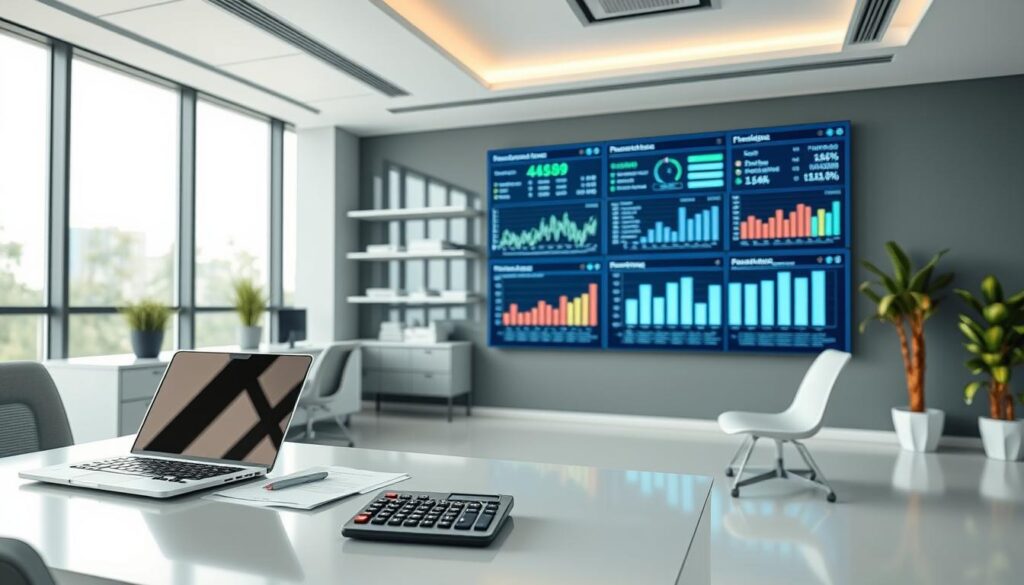 A modern, meticulously designed office for a dental practice, with a focus on financial management. The foreground features a sleek, minimalist desk with a laptop, calculator, and neatly organized documents. The middle ground showcases a large, high-resolution display presenting financial data, charts, and graphs. The background depicts a clean, well-lit space with floor-to-ceiling windows, allowing natural light to flood the room. The overall atmosphere is one of professionalism, efficiency, and attention to detail, conveying the essence of effective financial management in the dental industry.