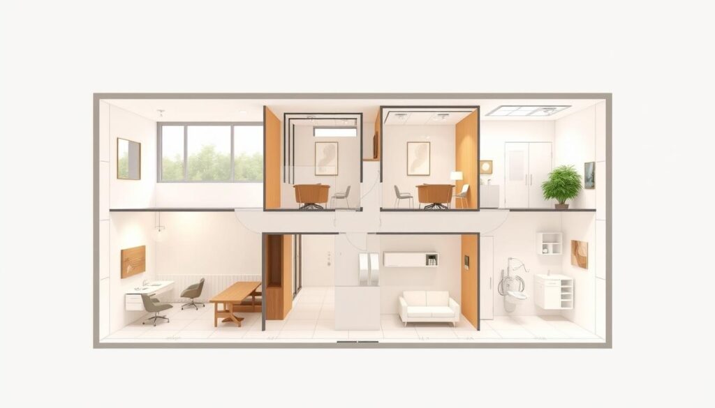 A modern, minimalist architectural plan for a premium dental office, featuring clean lines, natural materials, and abundant natural light. The floorplan showcases an elegant reception area, private consultation rooms, and a state-of-the-art procedure suite. The design prioritizes patient comfort and privacy, with a calming color palette and ergonomic furnishings. Meticulously detailed engineering drawings depict the space's efficient layout and functional zoning. Rendered in a warm, muted tone to evoke a serene, professional atmosphere befitting a high-end dental practice.