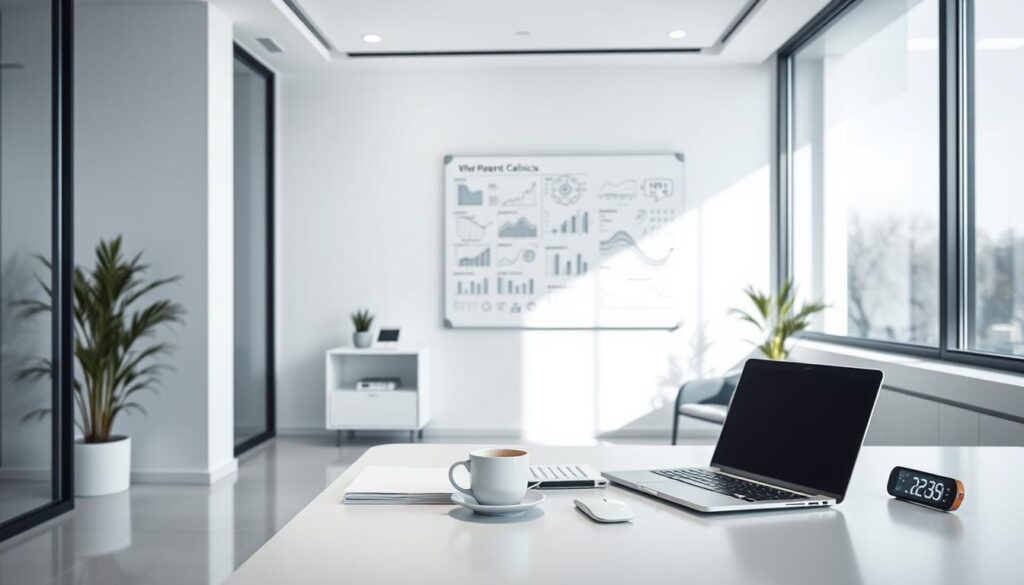 A modern, minimalist clinic interior with clean lines and a serene atmosphere. In the foreground, a simple but elegant desk with a laptop, a cup of coffee, and a few neatly organized documents. On the desk, a small digital display shows various performance metrics, charts, and graphs. The middle ground features a wall-mounted whiteboard with handwritten notes and diagrams related to patient data and analysis. The background showcases floor-to-ceiling windows, allowing natural light to flood the space and create a bright, airy ambiance. The lighting is soft and diffused, complementing the overall professional and efficient vibe of the consultancy.
