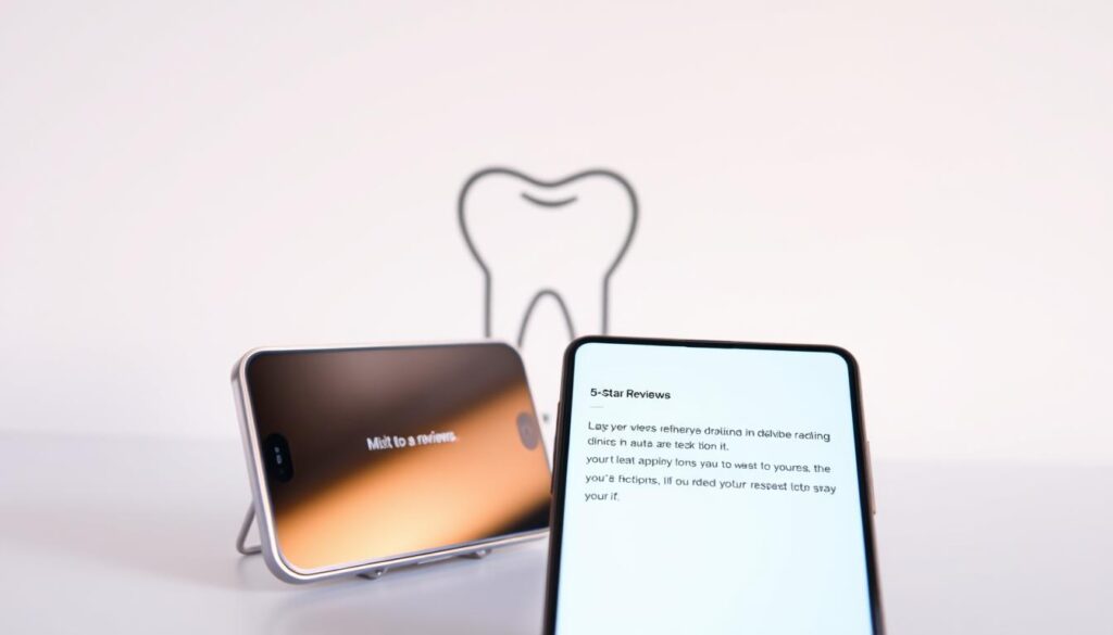 A modern, minimalist composition showcasing online reviews for dental clinics. In the foreground, a sleek smartphone displays a 5-star review, its screen reflecting the warm, natural lighting. The middle ground features an elegant, stylized dental icon or logo, hinting at the subject matter. The background is a clean, muted gradient, allowing the focal elements to stand out with a sense of balance and simplicity. The overall mood conveys professionalism, trust, and the power of positive online reviews in the dental industry.
