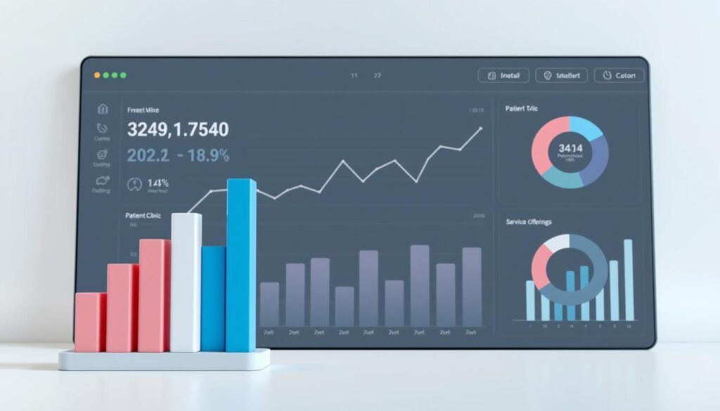 A modern, minimalist data dashboard showcasing various charts and graphs in a sleek, healthcare-themed interface. An elegant 3D bar chart dominates the foreground, displaying financial metrics and patient analytics for a dental clinic. In the middle ground, a line graph tracks patient volume over time, while a donut chart in the background breaks down the clinic's service offerings. Soft, indirect lighting bathes the scene in a soothing, professional atmosphere, with clean lines and a muted color palette. The overall composition conveys an intuitive, data-driven approach to clinic management and decision-making.
