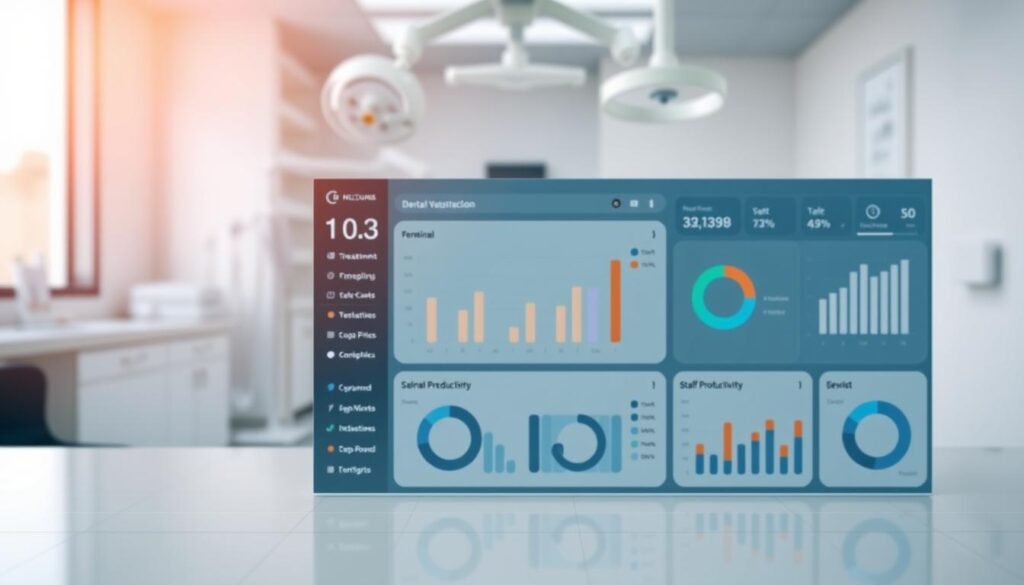 A modern, minimalist data visualization dashboard showcasing key dental performance indicators. In the foreground, a sleek, responsive interface with interactive charts, graphs, and infographics displaying metrics such as patient satisfaction, treatment completion rates, and staff productivity. The middle ground features a clean, white background with subtle grid lines, allowing the data visualizations to take center stage. In the background, a blurred, out-of-focus view of a professional dental clinic, with medical equipment and tools visible, conveying the practical application of these performance insights. Warm, natural lighting casts a soft glow over the entire scene, creating a soothing, analytical atmosphere. The overall composition emphasizes clarity, efficiency, and data-driven decision making in the field of clinical dental management.