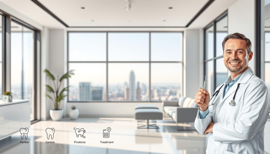 A modern, minimalist dental clinic advertisement featuring a clean, bright interior with large windows, natural lighting, and sleek, contemporary furnishings. In the foreground, a professional dentist in a white coat stands smiling, holding a dental tool. The middle ground showcases various dental services and treatments, portrayed through simple icons and illustrations. The background depicts a soothing, serene cityscape, suggesting the clinic's accessible downtown location. The overall tone is one of professionalism, trust, and a focus on patient comfort and care.