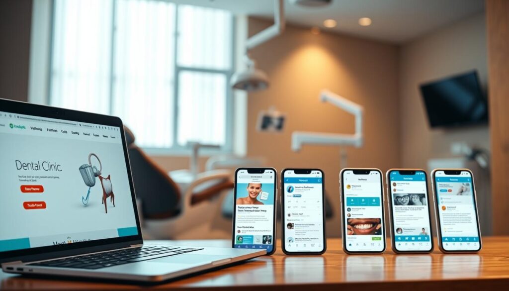 A modern, minimalist dental clinic advertisement showcasing various online marketing channels. The foreground features a laptop displaying a website with a dental practice's logo, services, and call-to-action buttons. In the middle ground, several mobile devices show social media profiles, online reviews, and targeted ads. The background depicts a clean, well-lit interior with dental equipment, suggesting a professional and trustworthy environment. The lighting is warm and slightly directional, creating depth and emphasizing the digital elements. The overall mood is sophisticated, inviting, and focused on providing an efficient, user-friendly online presence for the dental practice.