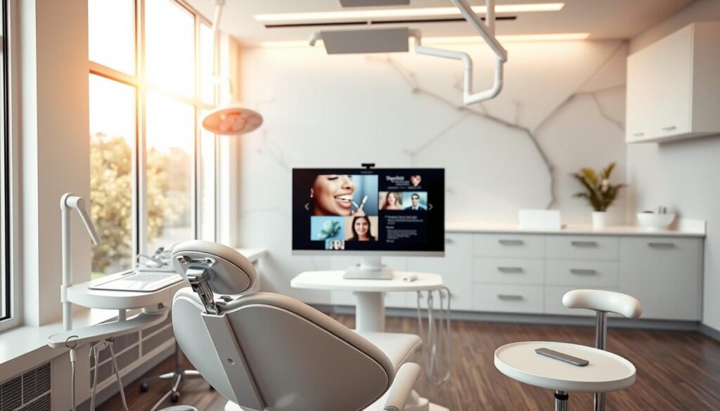 A modern, minimalist dental clinic interior, bathed in warm, natural lighting from large windows. In the foreground, a pristine dental chair, sleek white and chrome, with high-resolution dental tools and equipment arranged neatly. In the middle ground, a stylish, minimalist reception desk, with a professional-looking desktop monitor displaying a slideshow of high-quality dental procedure photos. The background features a serene, calming mural with a nature-inspired design, creating a soothing, spa-like atmosphere. The overall mood is one of clinical excellence, cutting-edge technology, and patient comfort.