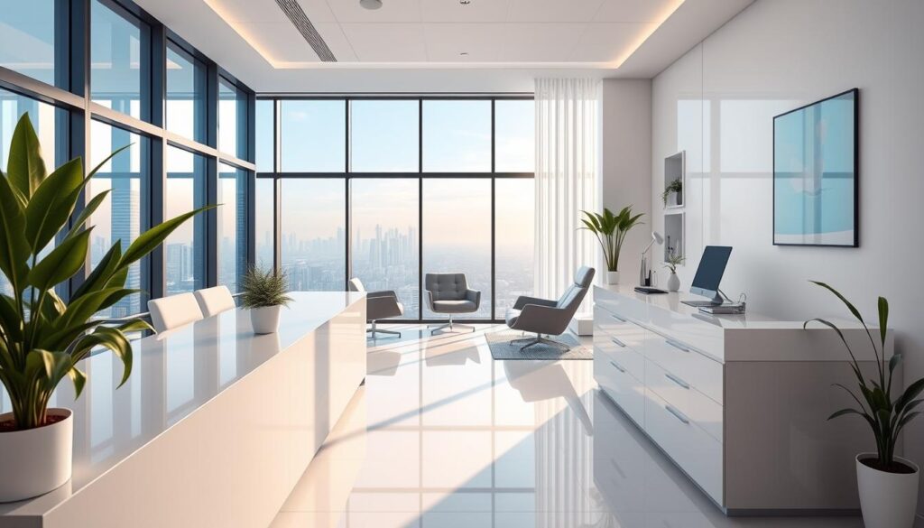 A modern, minimalist dental clinic interior featuring a sleek reception desk in the foreground, with potted plants and a clean, white color scheme. In the middle ground, a consulting area with comfortable chairs and a large window overlooking a serene cityscape in the background. Soft, natural lighting illuminates the space, creating a calming, professional atmosphere. The layout and design elements convey a strategic, forward-thinking approach to dental marketing and patient experience.
