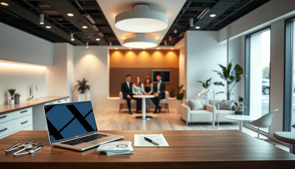 A modern, minimalist dental clinic interior showcasing the benefits of a dental practice management course. In the foreground, a neatly organized desk with a laptop, paperwork, and dental instruments, conveying efficient practice administration. The middle ground features a group of smiling patients in the waiting area, reflecting the improved patient experience. The background highlights sleek, contemporary furnishings and decor, creating a professional, inviting atmosphere. Warm, diffused lighting from recessed fixtures casts a soothing glow, while large windows provide natural illumination. The overall scene captures the advantages of a dental management education - streamlined operations, enhanced patient care, and a sophisticated, thriving practice.
