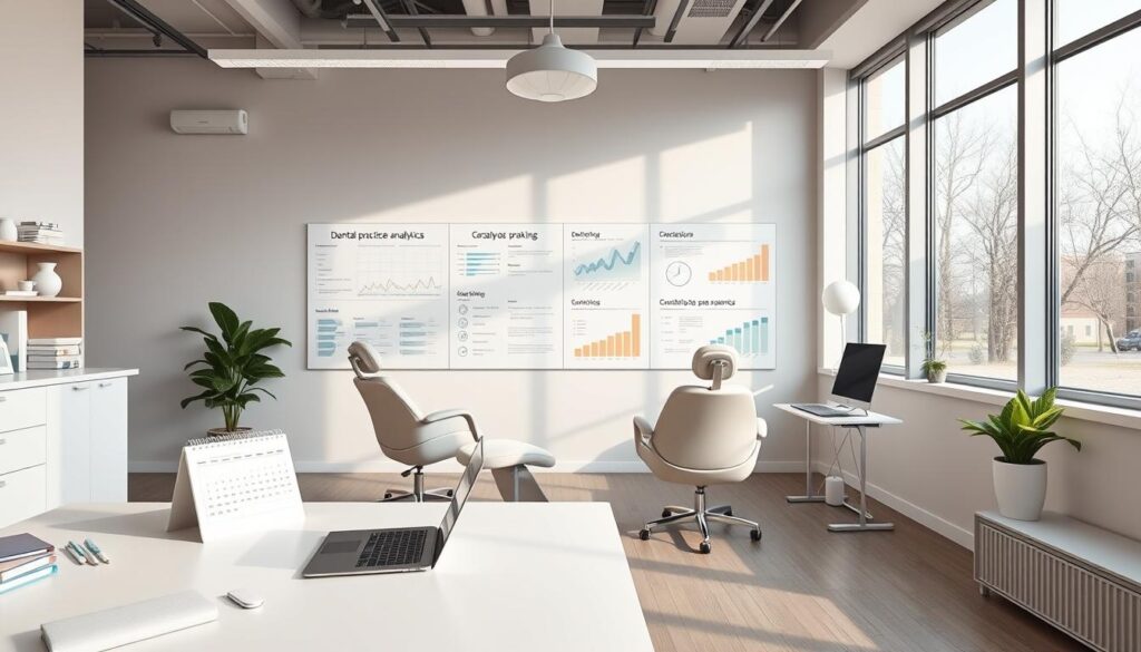 A modern, minimalist dental clinic interior with a focus on strategic planning. In the foreground, a clean, white desk with a laptop, calendar, and carefully arranged office supplies, conveying organization and efficiency. The middle ground features plush, ergonomic chairs and a large whiteboard, where detailed dental practice analytics and growth strategies are mapped out. The background showcases floor-to-ceiling windows, allowing warm, natural light to flood the space and create a calming, professional atmosphere. Soft, neutral tones predominate, with pops of vibrant dental-themed accents. The overall scene radiates a sense of thoughtful, strategic decision-making that will drive the clinic's success.