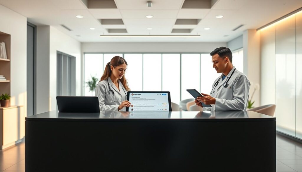A modern, minimalist dental clinic interior with a sleek, black reception desk in the foreground. The middle ground features clinicians reviewing patient ratings and feedback on a large, touchscreen tablet. The background showcases a serene, calming waiting area with warm, natural lighting filtering through floor-to-ceiling windows. The overall atmosphere exudes professionalism, efficiency, and a patient-centric approach to managing online reviews and ratings for the dental practice.