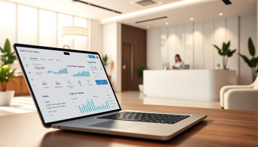 A modern, minimalist dental clinic interior with a sleek, professional atmosphere. In the foreground, a stylized laptop or tablet displays a digital marketing dashboard, showcasing analytics, social media engagement, and targeted campaign details. The middle ground features a reception desk with a warm, welcoming receptionist, and patients browsing digital brochures and appointment schedules on tablets. The background showcases an elegant, well-lit space with modern furnishings, plants, and subtle brand elements that reinforce the clinic's digital-forward approach to marketing. Soft, directional lighting casts a calming, cohesive glow throughout the scene.