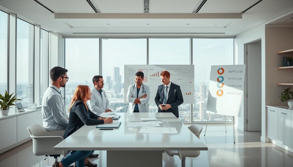 A modern, minimalist dental clinic interior with a strategic planning meeting in progress. In the foreground, a team of dentists and practice managers gathered around a sleek conference table, studying charts and documents. Soft, neutral-toned lighting casts a calm, professional atmosphere. The middle ground features a large whiteboard displaying detailed business plans and financial projections. In the background, floor-to-ceiling windows offer a scenic view of a city skyline, symbolizing the clinic's ambitious growth plans. The overall scene conveys a sense of thoughtful, evidence-based strategic planning to optimize the dental practice's operations and patient care.