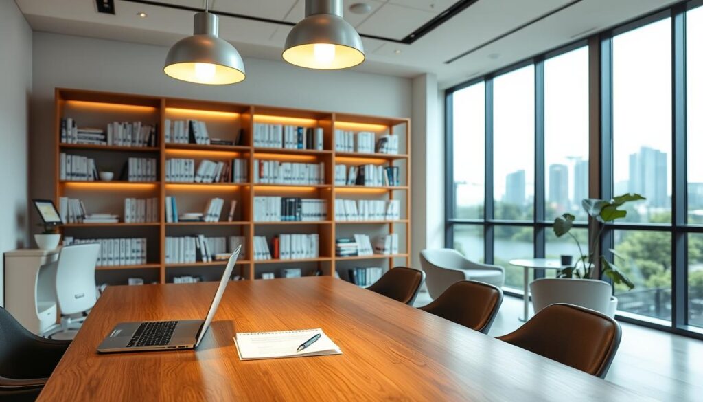 A modern, minimalist dental clinic interior with a strategic planning theme. In the foreground, a wooden conference table with a laptop, pen, and paper notepad, illuminated by sleek pendant lighting. In the middle ground, bookshelves filled with medical journals and business strategy books. The background features large windows overlooking a tranquil urban landscape, allowing natural light to flood the space. The overall mood is one of professionalism, efficiency, and a focus on evidence-based decision-making, reflecting the strategic approach to managing a successful dental practice.