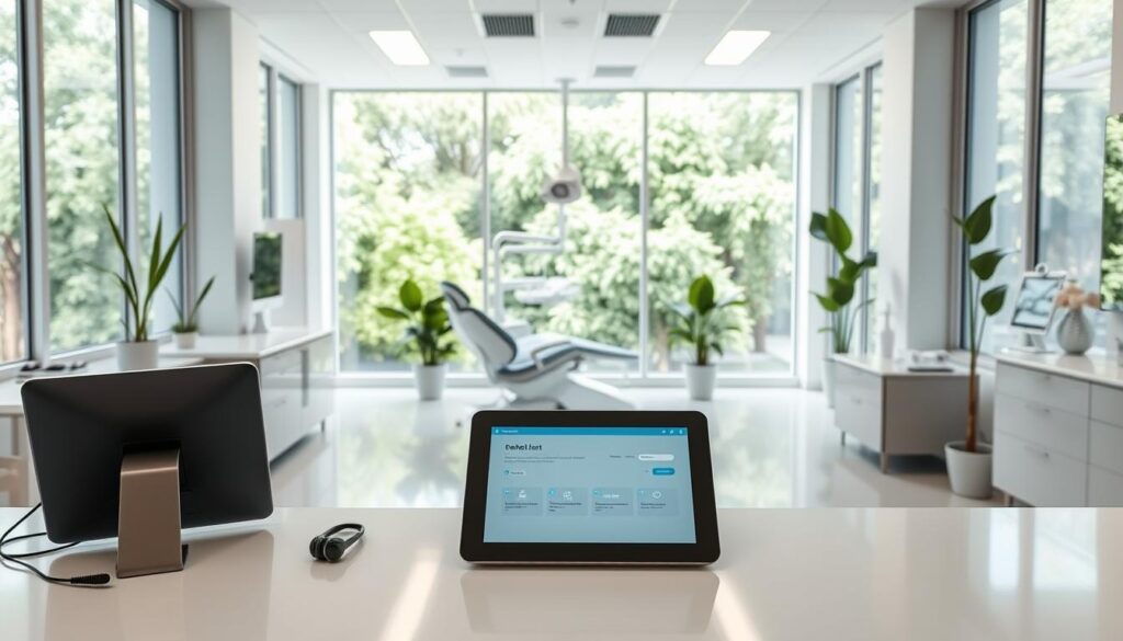 A modern, minimalist dental clinic interior with bright lighting and clean, professional lines. In the foreground, a reception desk with a tablet and wireless headset, representing free practice management software. The middle ground features patient chairs, dental equipment, and potted plants, all in a soothing, streamlined layout. The background showcases large windows overlooking a verdant outdoor space, creating a calming, nature-inspired atmosphere. The overall mood is one of efficiency, accessibility, and patient-centric care, reflecting the value of free, effective clinic management solutions.