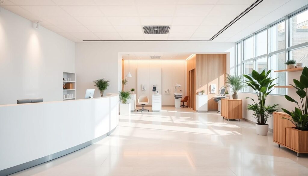 A modern, minimalist dental clinic interior with clean lines, abundant natural light, and soothing color palette. In the foreground, a reception desk with simple branding and an inviting, customer-focused layout. The middle ground showcases a waiting area with comfortable seating and well-placed greenery, emanating a sense of calm. In the background, the examination rooms feature state-of-the-art equipment and a serene atmosphere, suggesting a professional and patient-centric approach. Soft, diffused lighting accentuates the space, creating a welcoming and relaxing ambiance. The overall composition conveys an image of a well-managed, forward-thinking dental practice dedicated to providing exceptional patient care and experiences.